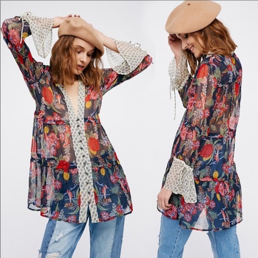 Free People Sheer Navy Floral Tunic